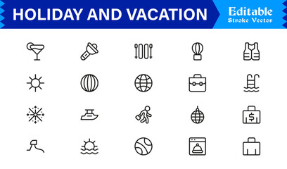 Holiday and Vacation Essentials – Professional Line Icon Set for Modern Travel Themes © MDSalim