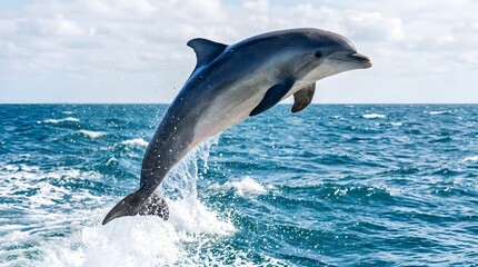 Obraz premium Graceful bottlenose dolphin leaps high above the churning ocean waves under a partly cloudy bright sky during an exciting marine wildlife excursion
