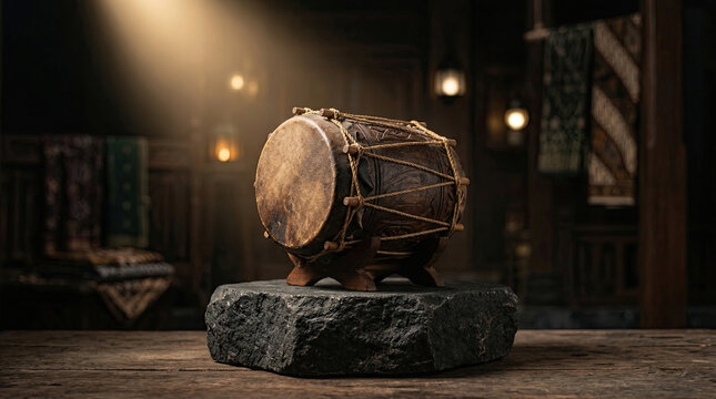 Drum on Stone with Soft Light and Traditional Indonesian Decor