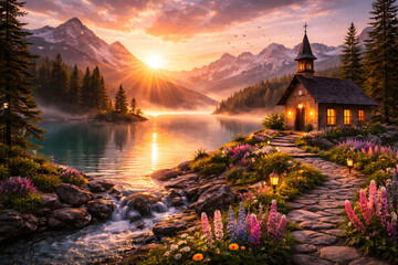 Naklejka premium A tranquil mountain lake scene at dawn, featuring a quaint illuminated chapel nestled among vibrant wildflowers and towering pines, bathed in the golden glow of a rising sun