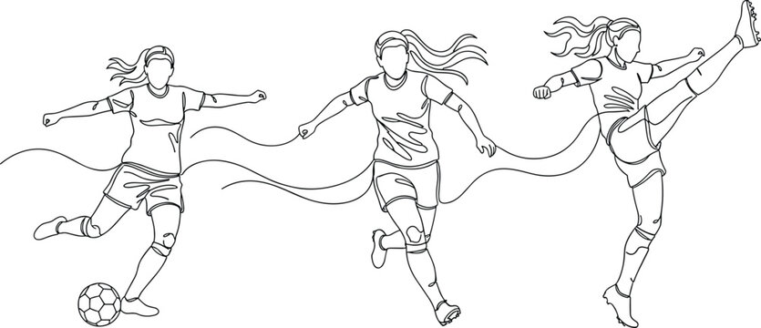 Minimal line art female soccer player action set dribbling running and kicking football isolated sports outline illustration