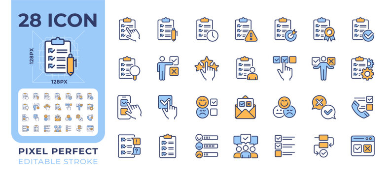 Survey pixel perfect line color icons set. Performance review, quality control. User feedback. Business management. Vector illustrations. Simple flat colorful symbols collection. Editable stroke