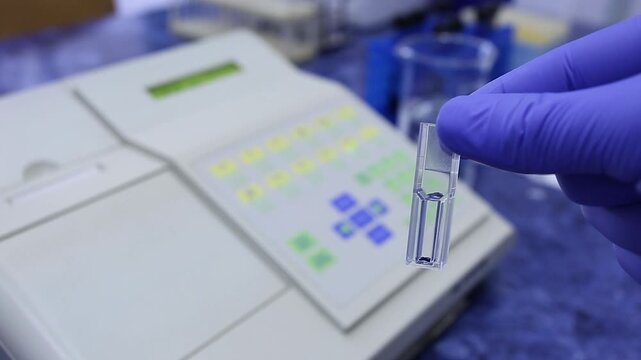 Close-up of a scientist holding a small cuvette with a substance in his fingers against the background of a laboratory apparatus on a table.