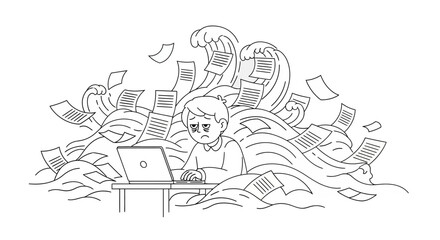 Obraz premium Navigating a Deluge of Deadlines Overwhelmed Professional Submerged by an Enormous Wave of Paperwork and Office Responsibilities, Illustrating Extreme Work Stress and Information Overload