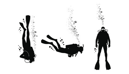Fototapeta premium Scuba diver silhouette vector illustration with three divers underwater