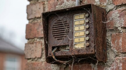 Old rusty brick wall intercom with spider webs and missing buttons showing decay and abandonment