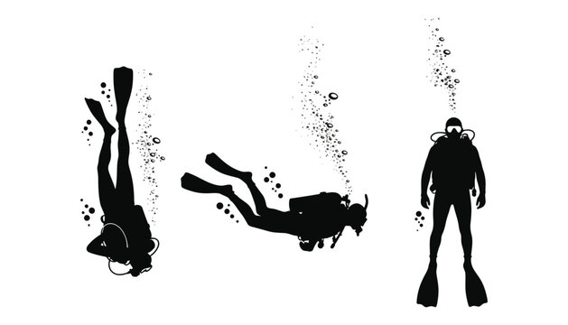 Scuba diver silhouette vector illustration with three divers underwater
