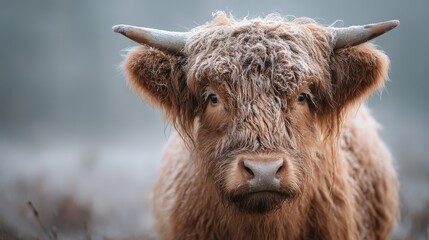 Fototapeta premium Highland cow stands in misty field during early morning light in a rural area, showing a thick coat and curious expression