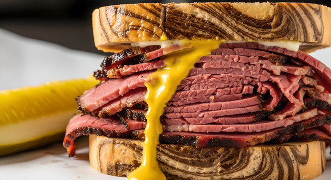 A close up shot showcases a delicious reuben sandwich with melted cheese and overflowing corned beef