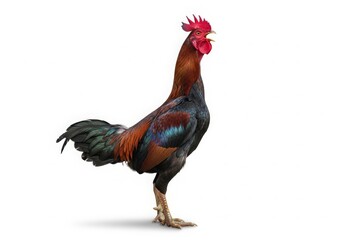 Fototapeta premium A tall and elegant male Ayam Pelung captured in a proud crowing pose. Known for its long melodious crow, this Indonesian heritage chicken breed symbolizes prestige and cultural pride. Perfect for agri