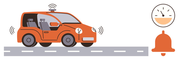 Naklejka premium Autonomous driving, electric vehicle, transportation technology, smart cars, futuristic travel, environmental conservation. Orange car with signals and tech icons. Autonomous driving and electric