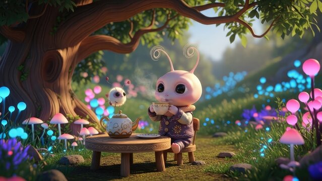 Whimsical Forest Scene with Fantasy Creatures.