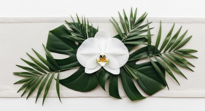 White Orchid with Tropical Leaves Arrangement.