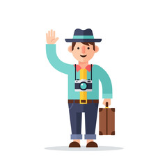 Traveler Photographer Waving Hello with Camera and Suitcase
