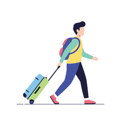 Young man with backpack and rolling suitcase walking, travel concept illustration