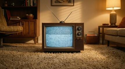 Vintage television in cozy retro living room with antenna and static display on shag carpet