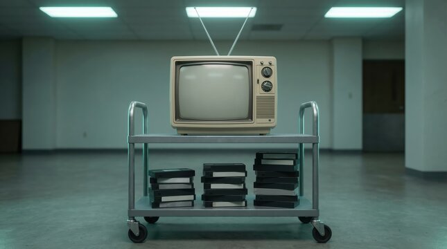 Vintage tv set on metal cart with stacked vhs tapes in retro styled room with fluorescent lighting