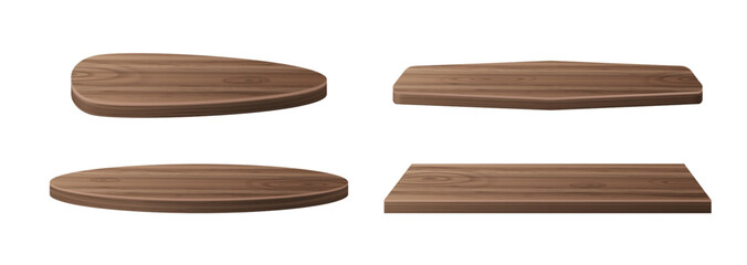 Plakat Wooden podium with natural wood grain texture, realistic vector illustration isolated on white background. Different shapes platforms, dark brown bases for product display