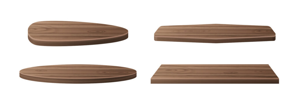 Wooden podium with natural wood grain texture, realistic vector illustration isolated on white background. Different shapes platforms, dark brown bases for product display