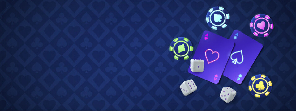 Neon casino items glowing on gambling themed background. Vector realistic illustration of poker cards, dice and chips, online betting app design, slot machine business banner, lucky fortune sign