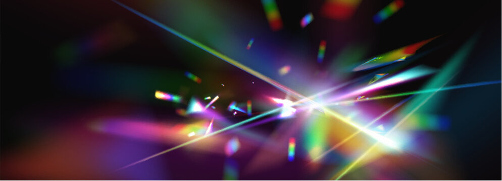 Rainbow light flare with iridescent crystal effect, prismatic colors and glowing aurora gradient, abstract vector background. Dark banner with holographic spectrum, modern design overlay.