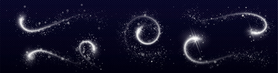 Magical silver glitter trail with sparkling dust particles and glowing star rays, vector swirl effect on dark transparent background. Festive wavy designs elements, shimmering powder © klyaksun