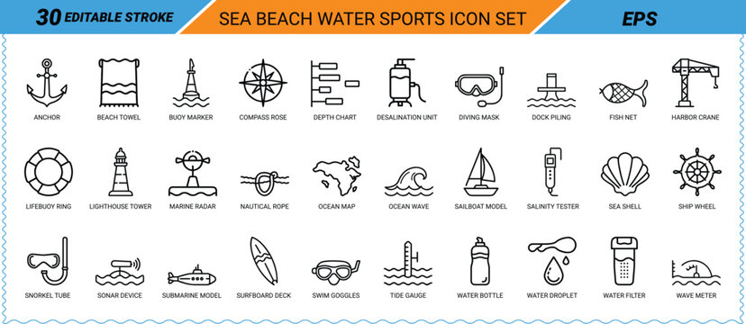 Sea beach water sports editable line art icon pack. Icon bundle, icon set, web icon, app icon, anchor, diving, snorkeling, surfing, sailing, lighthouse, shell, wave, vacation, summer, ocean, marine, 