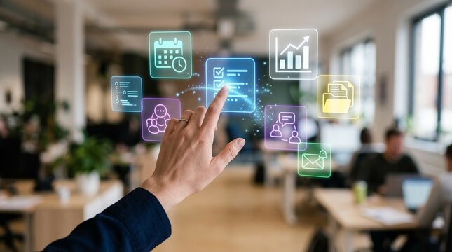 Digital Transformation Business leader engaging with an advanced virtual interface, managing tasks, data, and communication in a modern, collaborative office setting