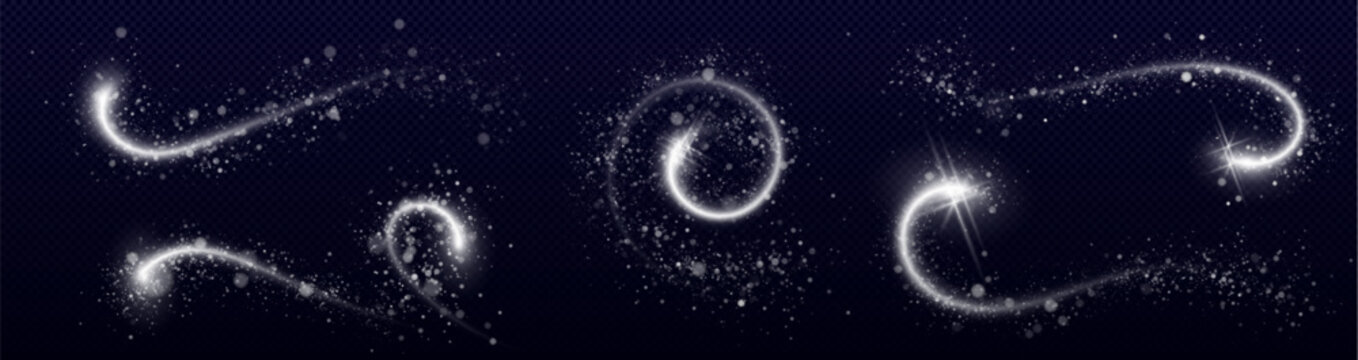 Magical silver glitter trail with sparkling dust particles and glowing star rays, vector swirl effect on dark transparent background. Festive wavy designs elements, shimmering powder
