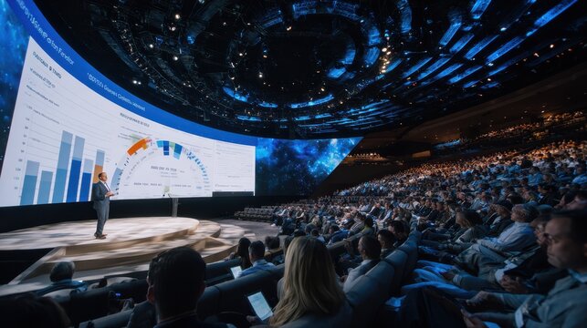 Large audience listens to a speaker at a conference with visual data displayed on a big screen in a modern hall during a daytime event