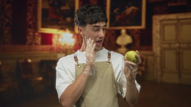 Young man in apron holding a green apple with gloved hands in ornate hotel building; curiosity food prep.