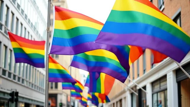 Colorful rainbow flags waving in urban environment during daytime  