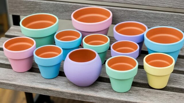 Colorful flower  empty pots in various sizes on wooden surface  