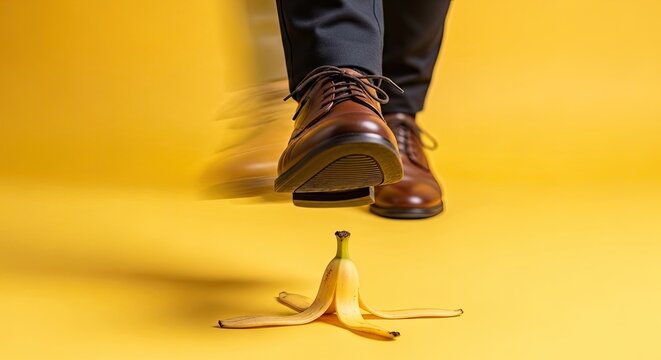 April fools' day prank man slipping on banana peel on yellow background