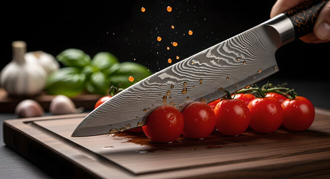 A sharp damascus steel knife cuts into ripe cherry tomatoes on a rustic wooden cutting board