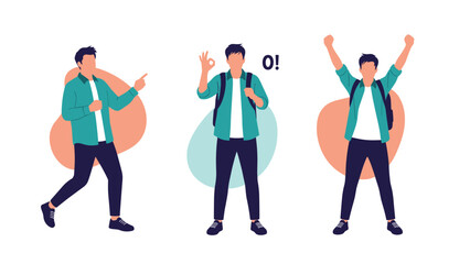 Fototapeta premium Young male student with a backpack shown in three different poses including walking, gesturing okay, and celebrating success.