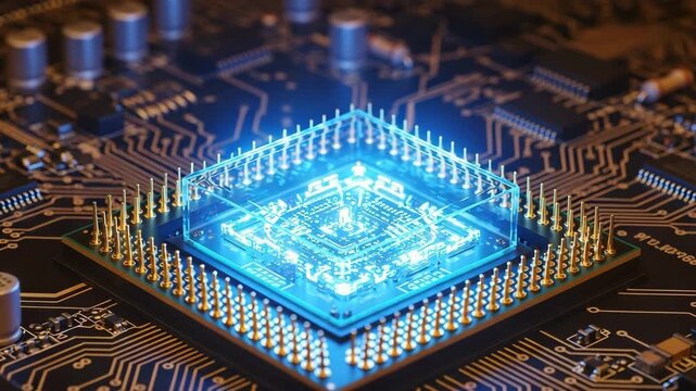 Computer microprocessor with glowing circuit board details  