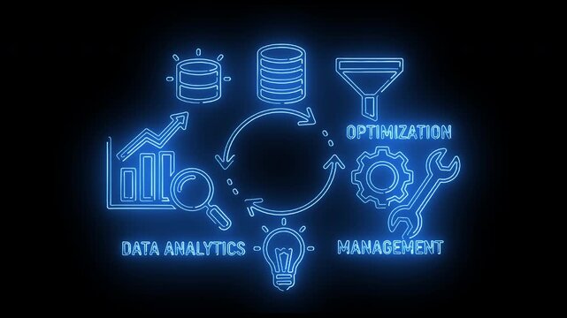 Neon-lit illustration of data analytics, management, and optimization icons on a black background with blue glow.