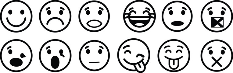 Obraz premium Creative Emoji Icon Set: Minimalist Black and White Vector Expressions
