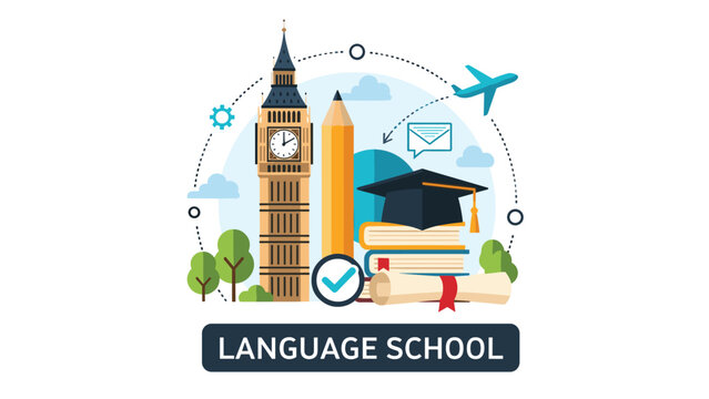 Educational language school infographic features famous London landmarks, books, and study icons to promote learning English abroad.