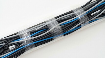 Organized cable bundle with black, gray, blue wires secured by transparent tape for efficient wire management