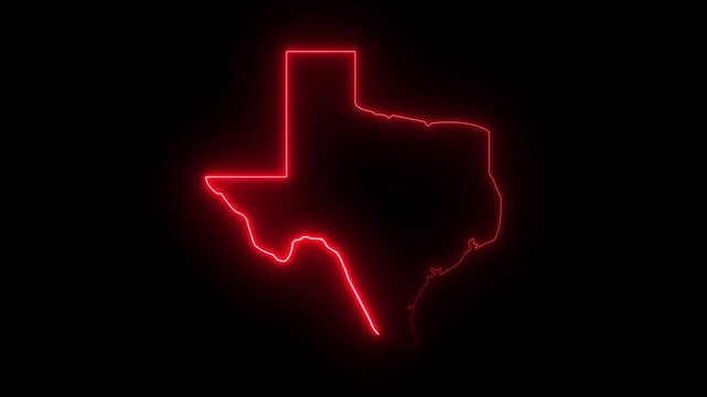 Glowing neon Texas map icon animation with red color. black background. motion graphics. of concept. 4k video animation
