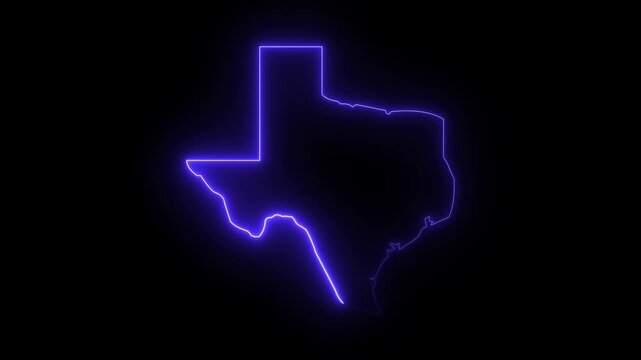 Glowing neon Texas map icon animation with blue color. black background. motion graphics. of concept. 4k video animation