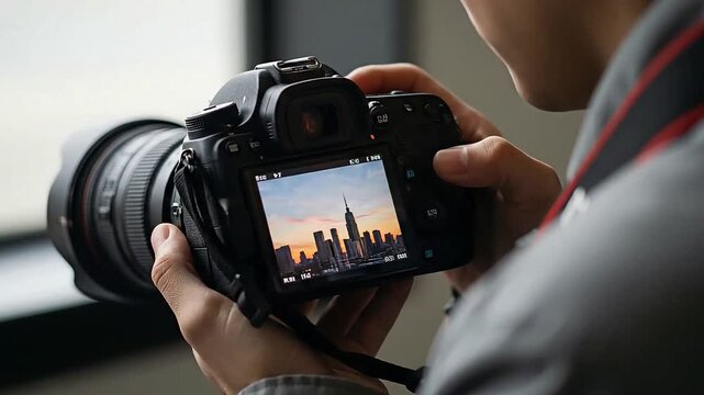 Person reviews photos on camera screen near window with flower and bird images.