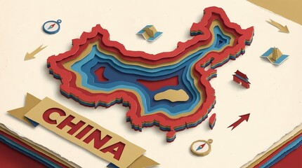 Obraz premium China Map Paper Cut Illustration with Topographic Layers Travel and Geography Concept