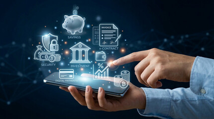 Hand Pointing at Floating Digital Banking Icons on Smartphone Screen, Mobile Finance App, Fintech, Online Payment, Investment, Financial Technology