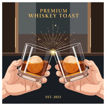 Premium Whiskey Toast: Two Hands Clinking Glasses with Large Ice Spheres, Celebration, Est. 2023