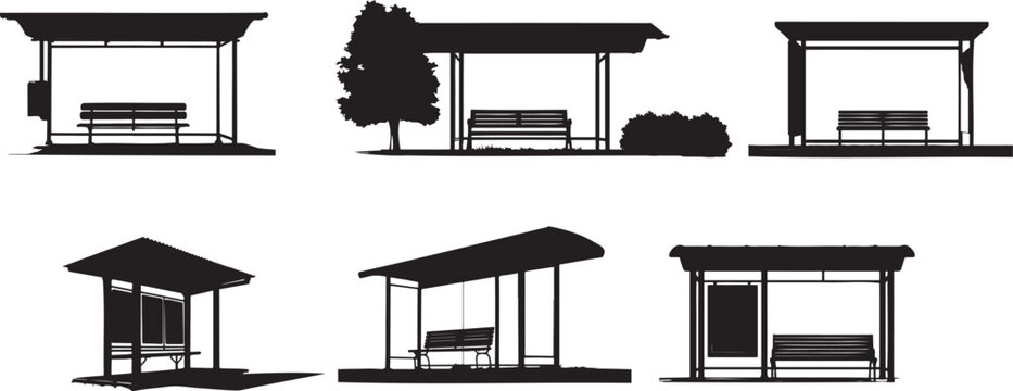 Various bus stop shelters with benches and advertising space