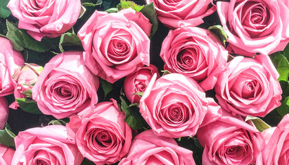 Obraz premium Overhead View of a Dense Collection of Bright Pink Roses with Green Foliage