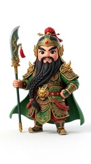 Cute Chibi Guan Yu Holding Green Dragon Crescent Blade 3D Illustration pure white background

